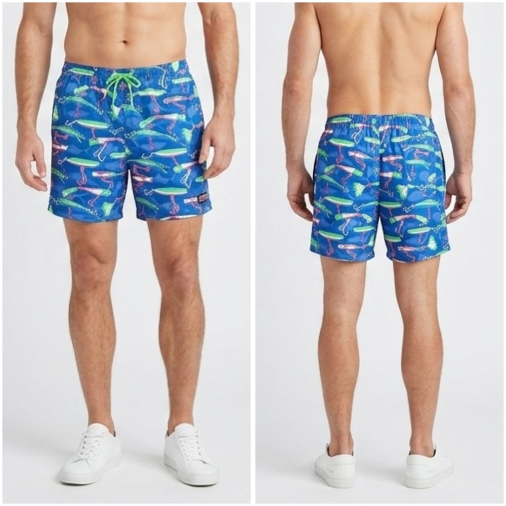 Vineyard Vines Mens 2XL Swim Trunks Blue Fishing Lure Print Board Shorts Mesh